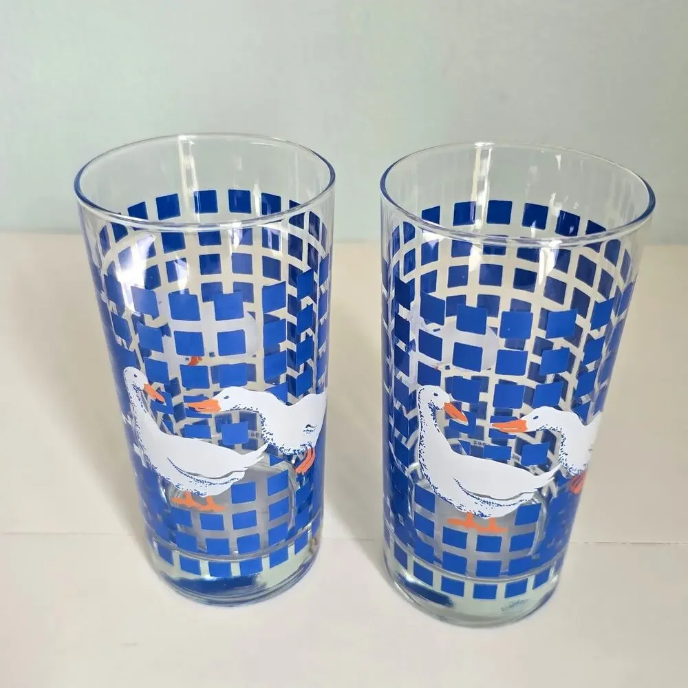 Vintage 80s Carlton White Geese Drinking Glassed Country Blue Checker Farmhouse